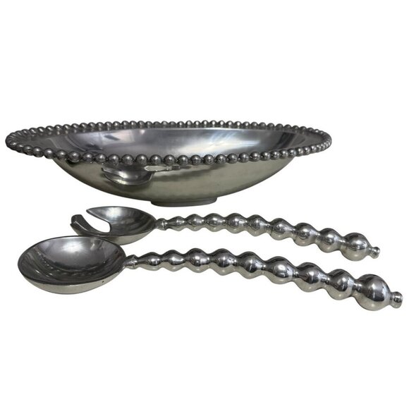 Vintage Pewter Armetale Serving Bowl and Utensils Pearled Edge - Picture 3 of 6